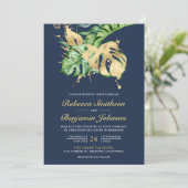 Gold Monstera Tropical Palm QR Code Hochzeit der M Einladung (Stehend Vorderseite)