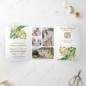 Gold Monstera Tropical Palm QR Code Hochzeit Dreifach Gefaltete Einladung (Innenseite)