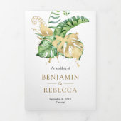 Gold Monstera Tropical Palm QR Code Hochzeit Dreifach Gefaltete Einladung (Cover)