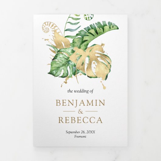 Gold Monstera Tropical Palm QR Code Hochzeit Dreifach Gefaltete Einladung (Cover)