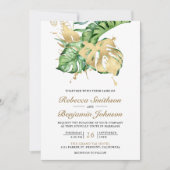 Gold Monstera Tropical Palm QR Code Hochzeit Einladung (Vorderseite)