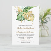 Gold Monstera Tropical Palm QR Code Hochzeit Einladung (Stehend Vorderseite)