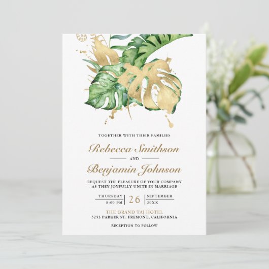 Gold Monstera Tropical Palm QR Code Hochzeit Einladung (Stehend Vorderseite)