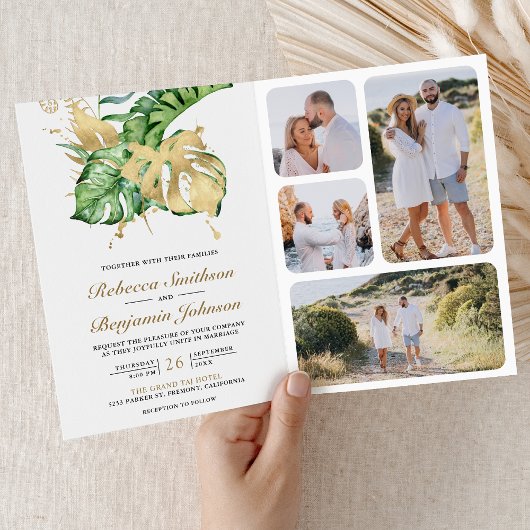 Gold Monstera Tropical Palm QR Code Wedding Einladung
