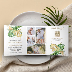 Gold Monstera Tropische Palme QR Code Hochzeit Dreifach Gefaltete Einladung