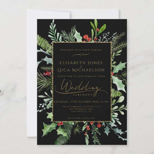 Gold Moody Winter Berry Botanical Monogram Wedding Einladung (Vorderseite)