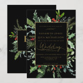 Gold Moody Winter Berry Botanical Monogram Wedding Einladung (Vorne/Hinten)