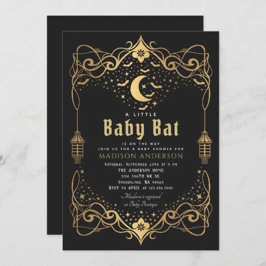 Gold Moon Gothic Baby Bat Lantern Baby Dusche Einladung (Vorne/Hinten)