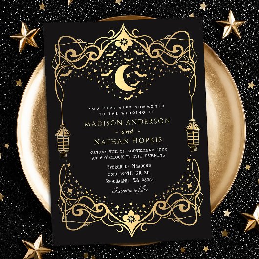 Gold Moon Gothic Bats Lantern Wedding Einladung