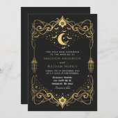 Gold Moon Gothic Bats Lantern Wedding Einladung (Vorne/Hinten)