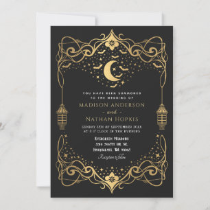Gold Moon Gothic Bats Lantern Wedding Einladung