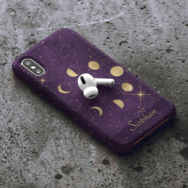 Gold Moon Phasing Lila Stars Personalisiert Case-Mate iPhone 14 Hülle