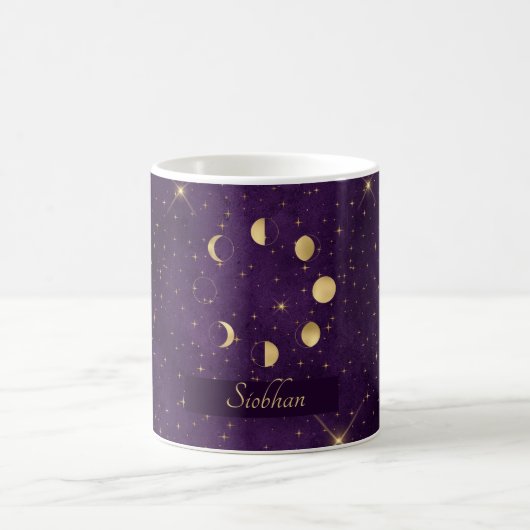 Gold Moon Phasing Lila Stars Personalisiert Kaffeetasse (Mittel)