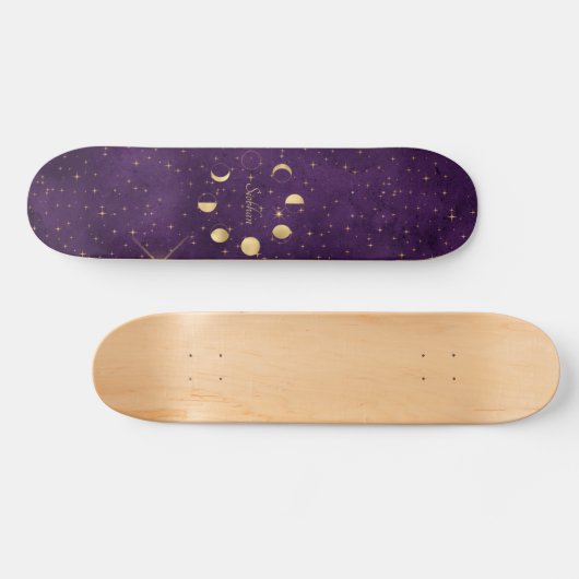 Gold Moon Phasing Lila Stars Personalisiert Skateboard (Horizontal)
