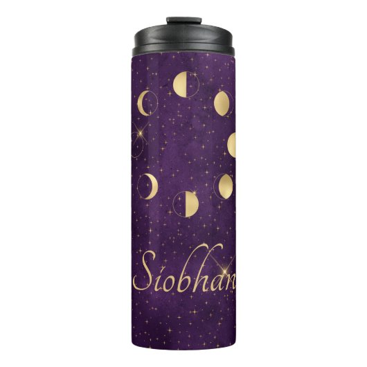 Gold Moon Phasing Lila Stars Personalisiert Thermosbecher (Vorderseite)