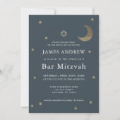 Gold Moon & Stars Navy Blue Bar Mitzvah Einladung (Vorderseite)