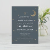 Gold Moon & Stars Navy Blue Bar Mitzvah Einladung (Stehend Vorderseite)