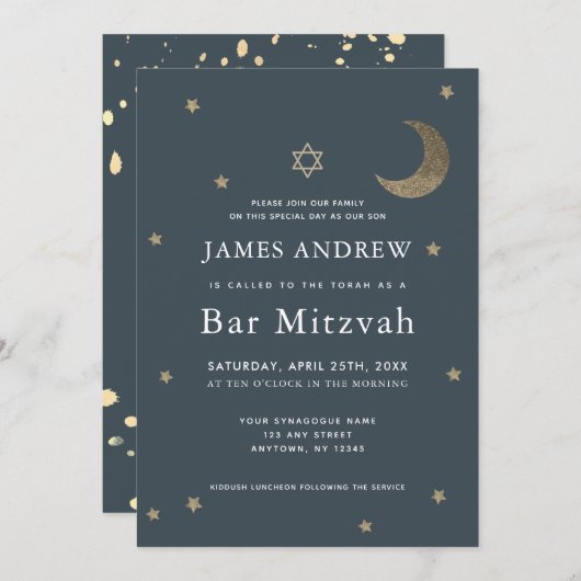 Gold Moon & Stars Navy Blue Bar Mitzvah Einladung (Vorne/Hinten)