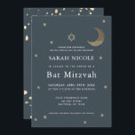 Gold Moon & Stars Navy Blue Bat Mitzvah Einladung<br><div class="desc">Dieses schlichte Bat Mitzvah lädt zum Mitternacht Blau / Marineblau ein,  mit dem Stern des Davids,  den Imitaten Gold Glitzer Halbmond und Sterne. Die Rückseite ist mit einem dunkelblauen/marineblauen Hintergrund mit Imitaten mit vergoldeten Spritzern versehen. Personalisieren Sie es für Ihre Bedürfnisse. In meinem Geschäft finden Sie passende Produkte.</div>