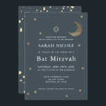 Gold Moon & Stars Navy Blue Bat Mitzvah Einladung<br><div class="desc">Dieses schlichte Bat Mitzvah lädt zum Mitternacht Blau / Marineblau ein,  mit dem Stern des Davids,  den Imitaten Gold Glitzer Halbmond und Sterne. Die Rückseite ist mit einem dunkelblauen/marineblauen Hintergrund mit Imitaten mit vergoldeten Spritzern versehen. Personalisieren Sie es für Ihre Bedürfnisse. In meinem Geschäft finden Sie passende Produkte.</div>