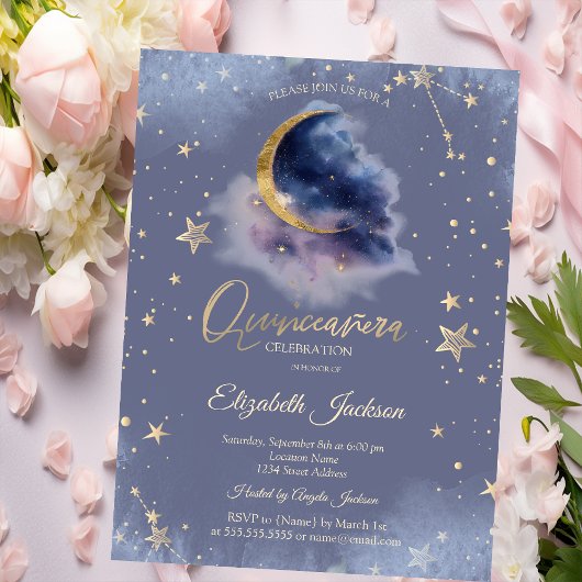 Gold Moon Stars Starry Night Quinceanera Einladung