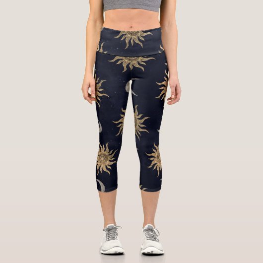 Gold Moon Sun Mandala Blue Night Sky Pattern Capri Leggings (Vorderseite)