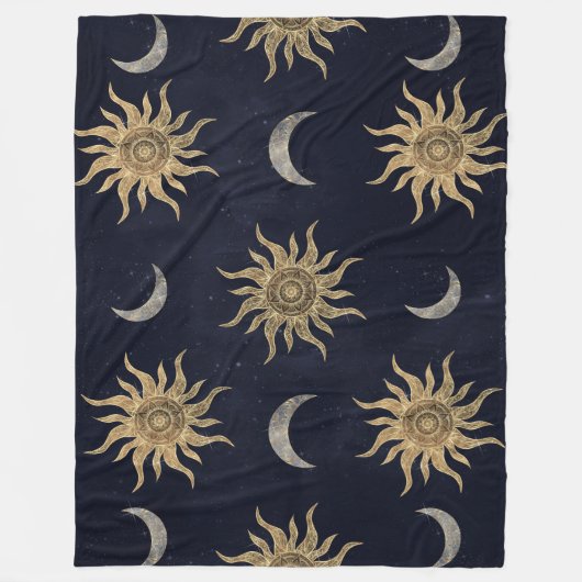 Gold Moon Sun Mandala Blue Night Sky Pattern Fleecedecke (Vorderseite)