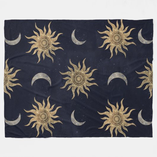 Gold Moon Sun Mandala Blue Night Sky Pattern Fleecedecke (Vorderseite (Horizontal))