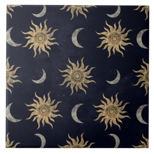 Gold Moon Sun Mandala Blue Night Sky Pattern Fliese (Vorderseite)