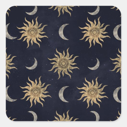 Gold Moon Sun Mandala Blue Night Sky Pattern Quadratischer Aufkleber (Vorderseite)