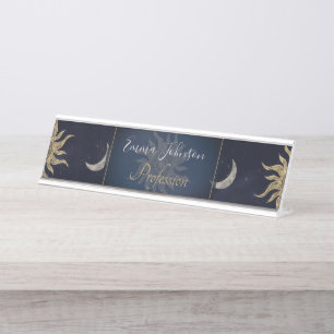 Gold Moon Sun Mandala Blue Night Sky Pattern Schreibtischnamensplakette