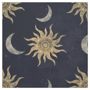 Gold Moon Sun Mandala Blue Night Sky Pattern Stoff