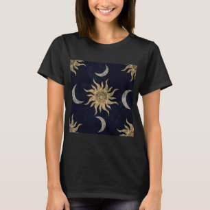 Gold Moon Sun Mandala Blue Night Sky Pattern T-Shirt