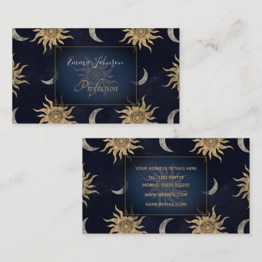Gold Moon Sun Mandala Blue Night Sky Pattern Visitenkarte (Vorne/Hinten)