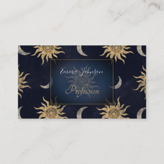 Gold Moon Sun Mandala Blue Night Sky Pattern Visitenkarte (Vorderseite)