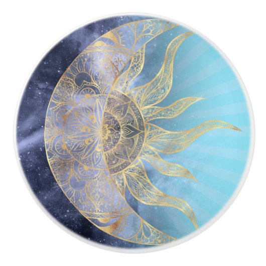 Gold Moon Sun Mandala Celestial Design Keramikknauf (Vorderseite)