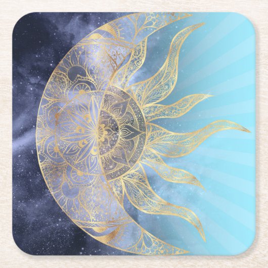 Gold Moon Sun Mandala Celestial Design Rechteckiger Pappuntersetzer (Vorderseite)