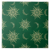 Gold Moon Sun Mandala Green Pattern Fliese (Vorderseite)