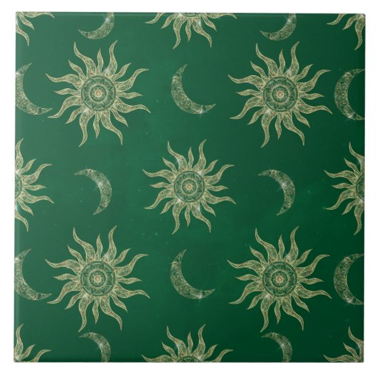Gold Moon Sun Mandala Green Pattern Fliese (Vorderseite)