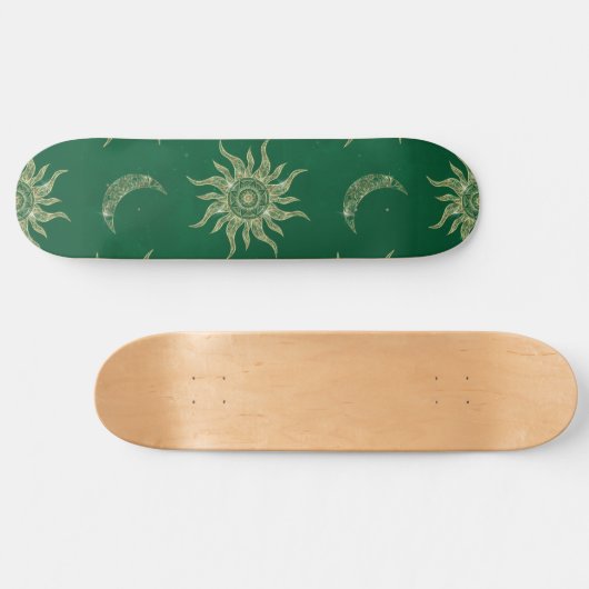 Gold Moon Sun Mandala Green Pattern Skateboard (Horizontal)