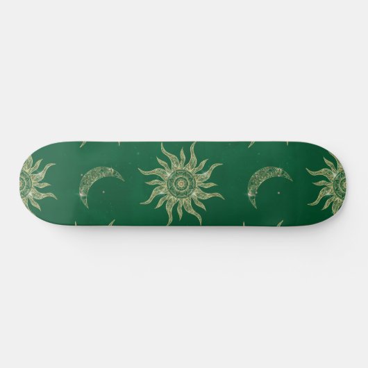 Gold Moon Sun Mandala Green Pattern Skateboard (Horizontal)