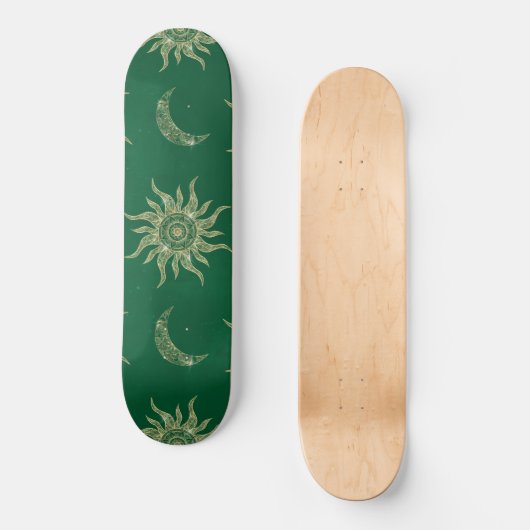 Gold Moon Sun Mandala Green Pattern Skateboard (Vorderseite)