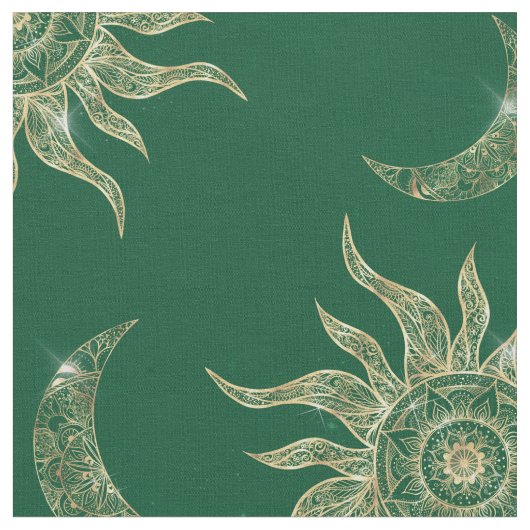 Gold Moon Sun Mandala Green Pattern Stoff (Nahaufnahme)
