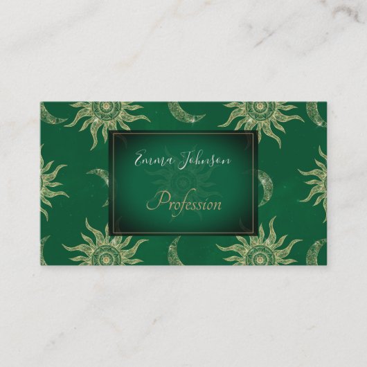 Gold Moon Sun Mandala Green Pattern Visitenkarte (Vorderseite)