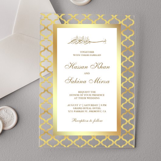 Gold Moroccan Quatrefoil Muslim Wedding Acryleinladungen