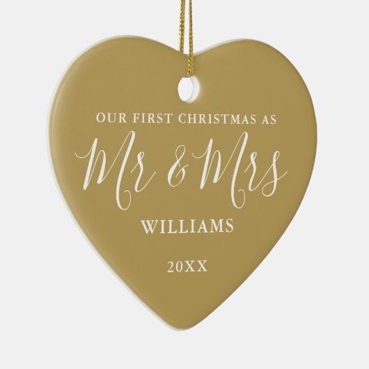 Gold Mr. and Mrs. First Christmas Signature Script Keramik Ornament (Rechts)