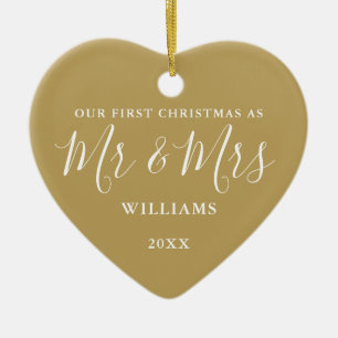Gold Mr. and Mrs. First Christmas Signature Script Keramik Ornament