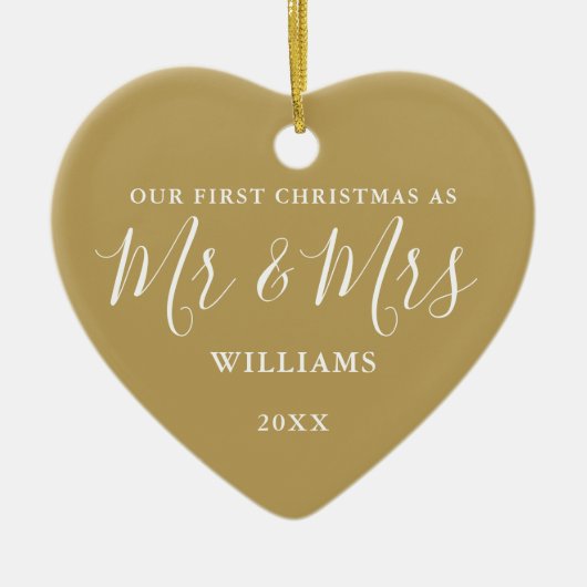 Gold Mr. and Mrs. First Christmas Signature Script Keramik Ornament (Vorne)