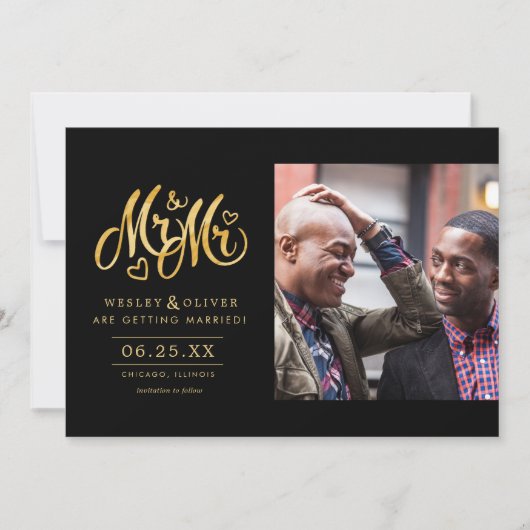 Gold Mr. & Mr. Script - Save the Date mit Foto (Vorderseite)