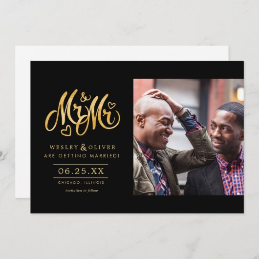 Gold Mr. & Mr. Script - Save the Date mit Foto (Vorne/Hinten)
